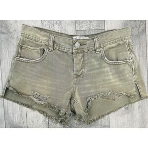 Free People Cutoff Denim Shorts Olive Green Distressed Raw Hem Button Fly W24